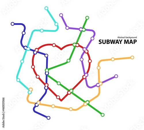 Subway map. Template of fictional town public transport scheme for underground transition road. Metro or bus abstract traffic pattern with circular heart shape color routes. Vector card illustration