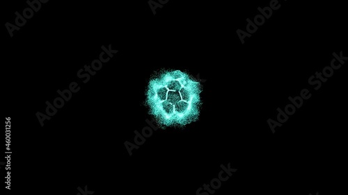 Realistic animated blue atom floating with a slight reflection on the black surface below it. Abstract Sphere Mask of Floating Atom with particles moving in hexagonal shaped structure. photo