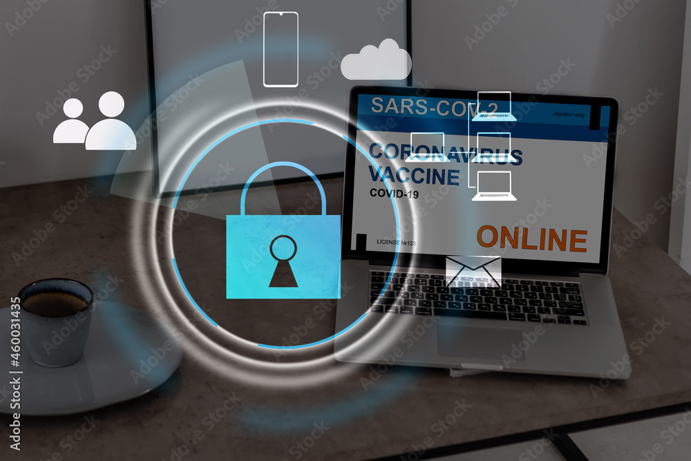 Digital cybersecurity and network protection concept. Virtual locking mechanism to access shared resources. Interactive virtual control screen with padlock. laptop on background Digital cybersecurity and network protection concept. Virtual locking mechanism to access shared resources. Interactive virtual control screen with padlock. laptop on background