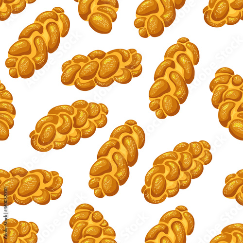 Holiday jewish braided loaf Challah seamless pattern. Saturday bread on white isolated background. Vector cartoon illustration of food