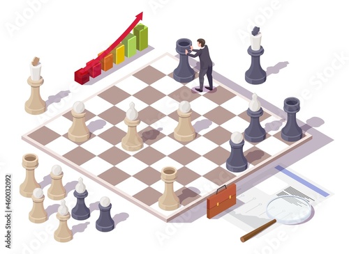 Businessman playing chess board game, vector isometric illustration. Business strategy concept.