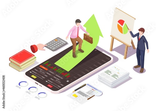 Financial investment in stocks classes, training, stock trading online courses, vector isometric illustration. Webinar.