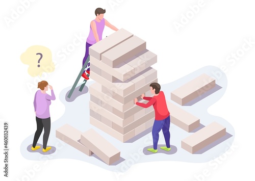 Happy people family characters, friends playing jenga board game, vector isometric illustration. Home leisure activities