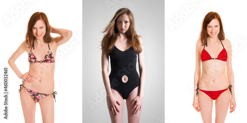 Three portraits of a beautiful young woman wearing different swimwear, isolated on white studio background