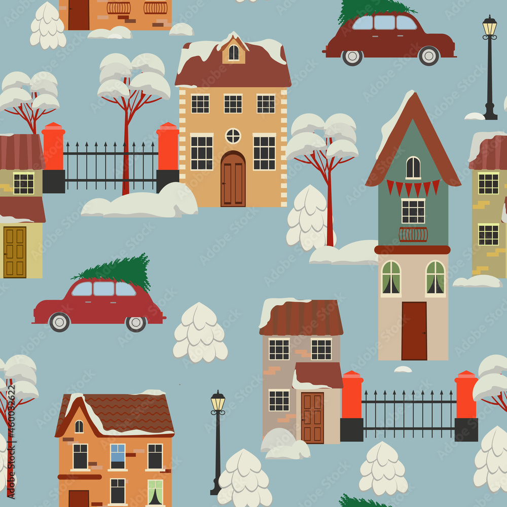 Winter in the city. Cute snowy landscape. Seamless vector illustration on a blue background. v