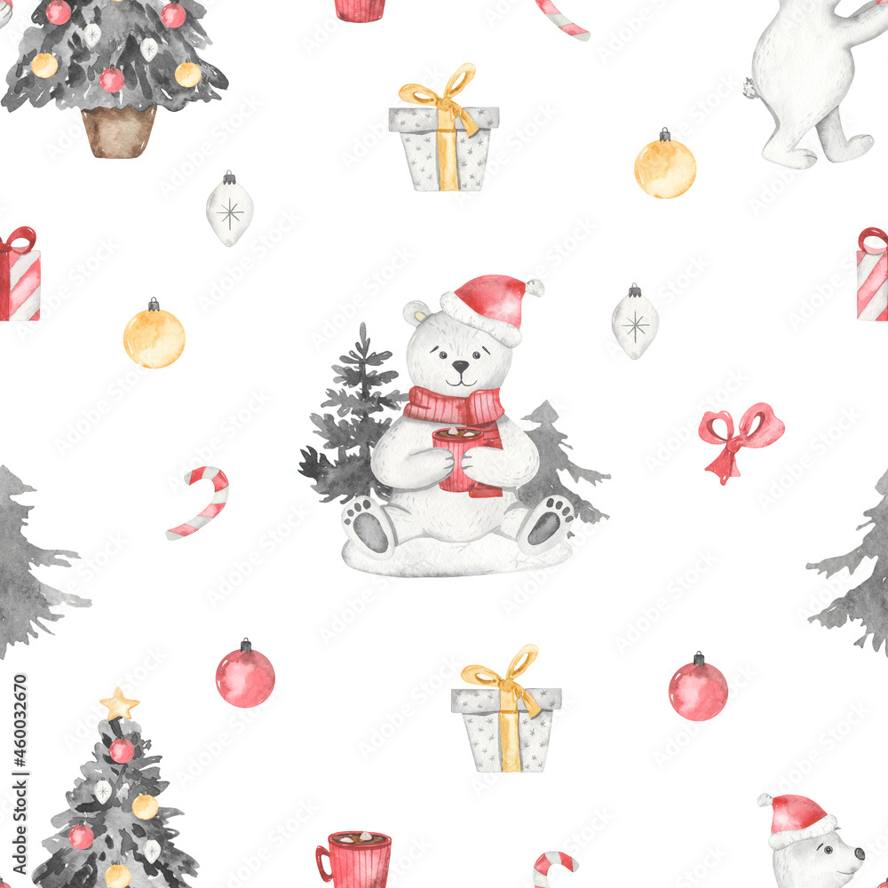 Watercolor seamless christmas pattern with cute polar bear, arctic animals, with christmas tree, spruce, gifts, christmas decorations, lollipops