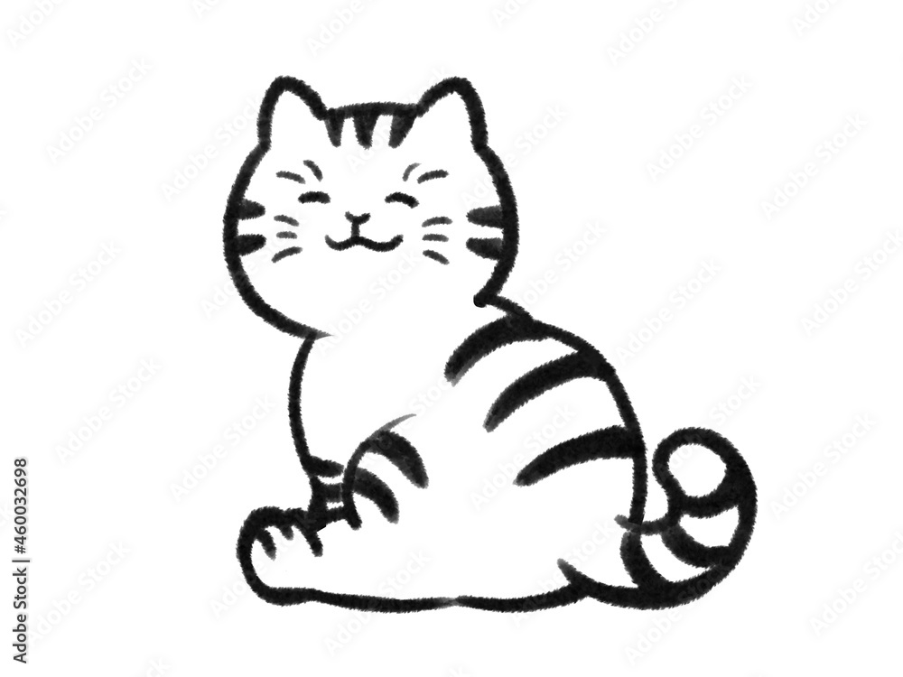 日本画タッチの背中を向けて座る猫のイラストJapanese painting illustration The cat is turning them backs and sitting 日本画タッチの背中を向けて座る猫のイラストJapanese painting illustration The cat is turning them backs and sitting
