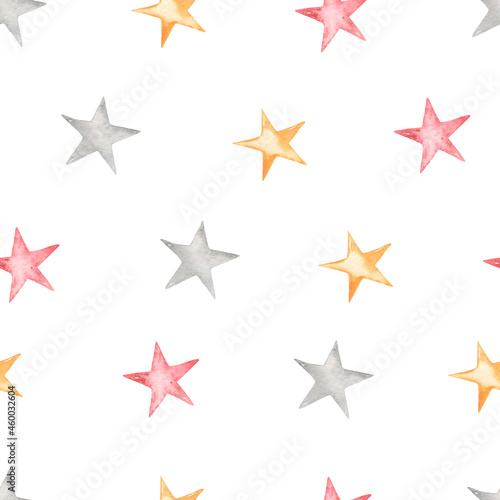 Watercolor seamless christmas pattern with colored stars  red  yellow  gray