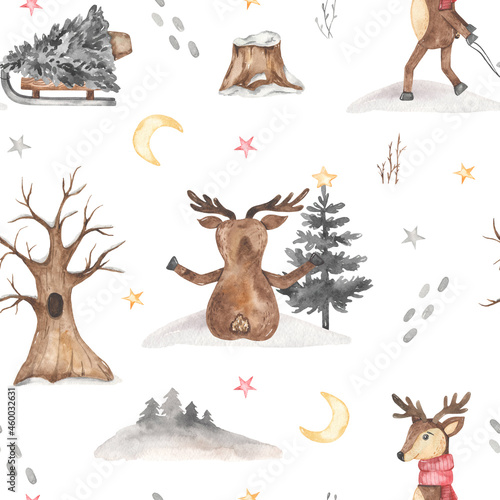 Fototapeta Naklejka Na Ścianę i Meble -  Watercolor seamless christmas pattern with cute deer, arctic animals, with christmas tree, tree, stump, snowdrifts, moon