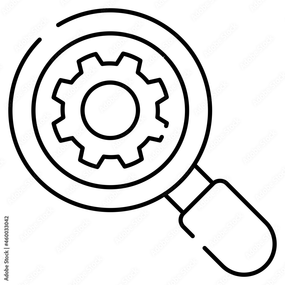 Gear under magnifying glass, icon of search setting Gear under magnifying glass, icon of search setting