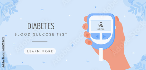 World Diabetes Day horizontal web banner. Human hand holding glucometer to measure sugar level by finger stick. Blood glucose test. Sugar test control. Vector template illustration in flat style..
