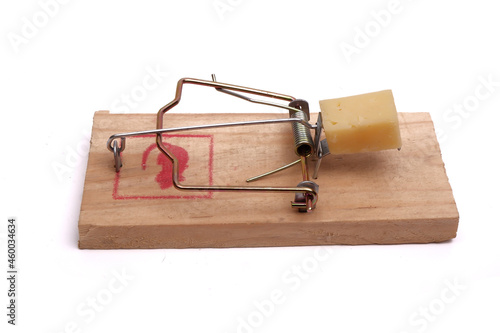 a piece of cheese lies on a mousetrap isolated on a white background