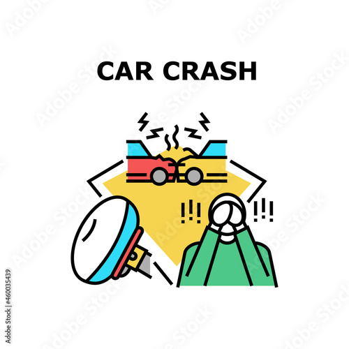 Car Crash Accident Vector Icon Concept. Car Crash Accident, Damaged Vehicle And Air Bag Protective System , Scared Driver Crying. Destroyed Car And Upset Disappointed Man Color Illustration