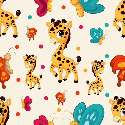 Animal seamless pattern with giraffe and butterflies