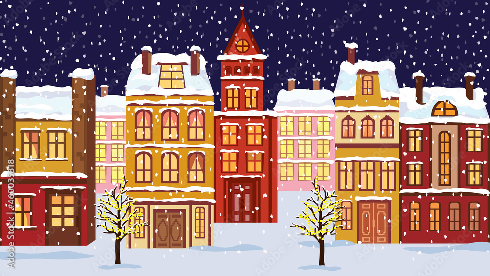 Christmas greeting card, winter town with colorful houses covered with snow, flat vector illustration.