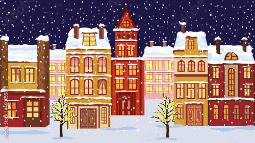 Christmas greeting card, winter town with colorful houses covered with snow, flat vector illustration.