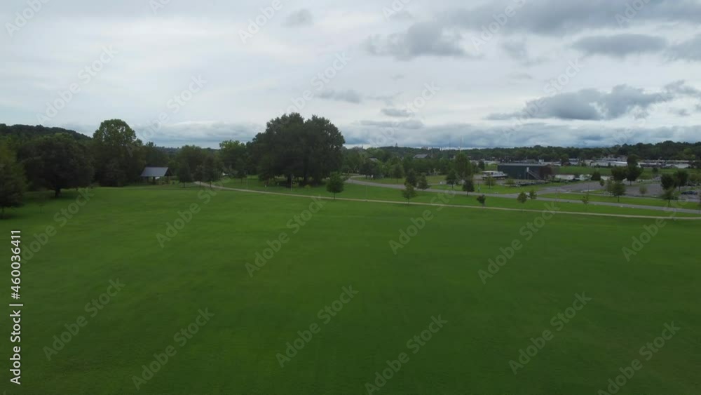 Drone Flight Over Empty Soccer Field At Liberty Park Near Cumberland River In Clarksville, Tennessee. aerial Drone Flight Over Empty Soccer Field At Liberty Park Near Cumberland River In Clarksville, Tennessee. aerial