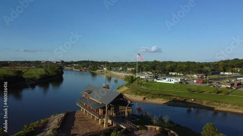 Freedom Point At Liberty Park And Cumberland River In Clarksville, Tennessee Towards US Flag. aerial  photo