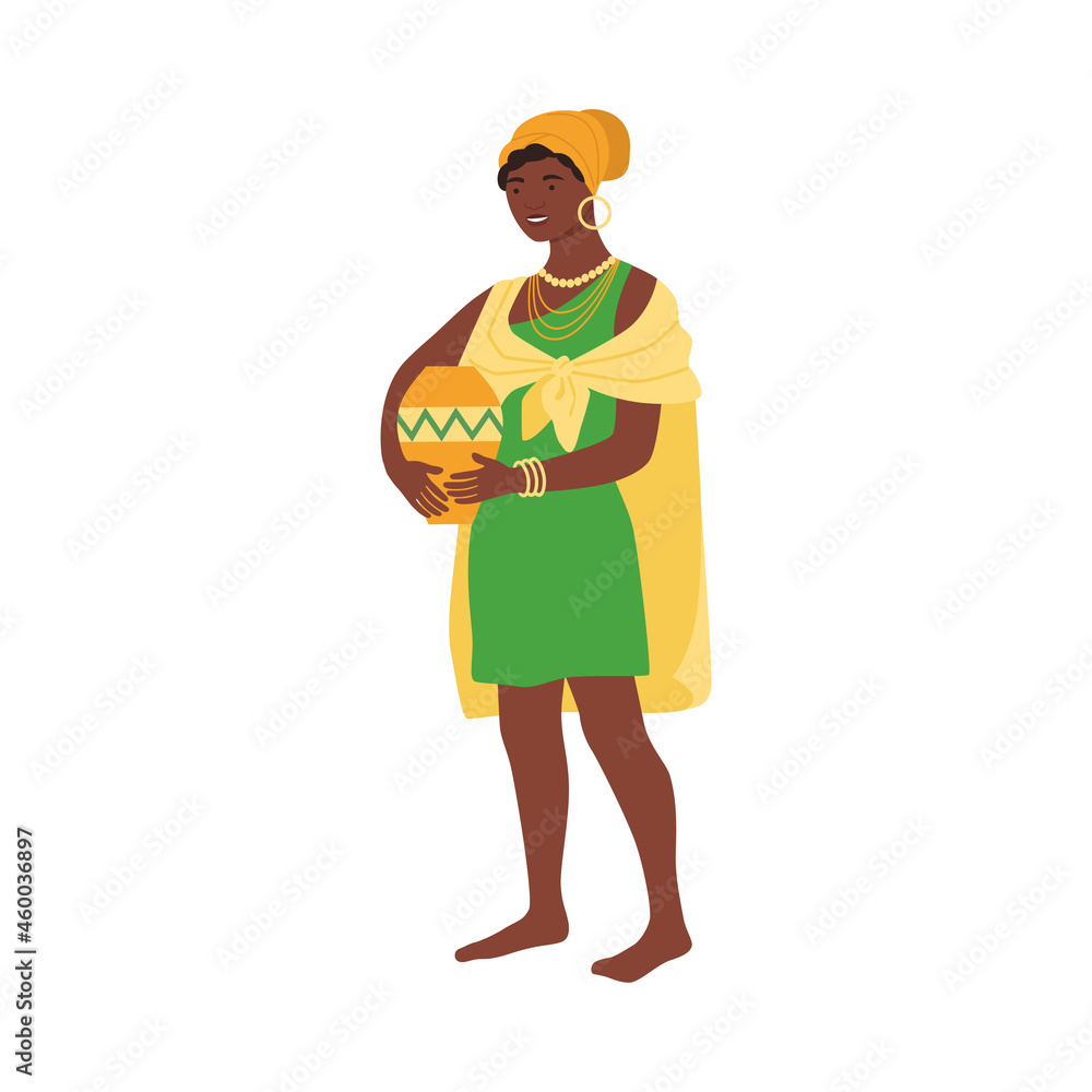 Beautiful African woman in traditional bright national clothes holding clay jug cartoon vector illustration Beautiful African woman in traditional bright national clothes holding clay jug cartoon vector illustration