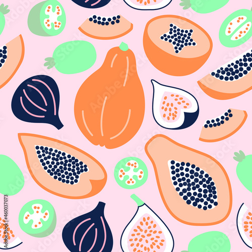 Fototapeta Naklejka Na Ścianę i Meble -  Papaya, fig and feijoa seamless pattern. Vector illustration with exotic fruits for decor, wallpaper, design