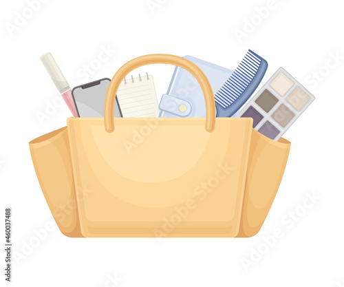 Beage handbag full of typical woman things and accessories as eyeshadow, lipstick, beige, haircomb, lotion, smartphone vector illustration photo