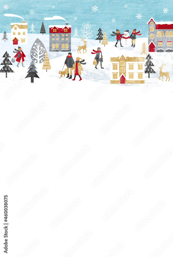 Fototapeta premium 雪が降るクリスマスの街並みと人々のベクターイラスト背景(christmas, Merrychristmas,冬,水色,白)