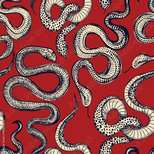 Tattoo snakes seamless pattern. Vintage tattoo print.