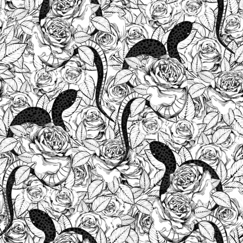 Roses and snakes seamless pattern. Vintage tattoo print.