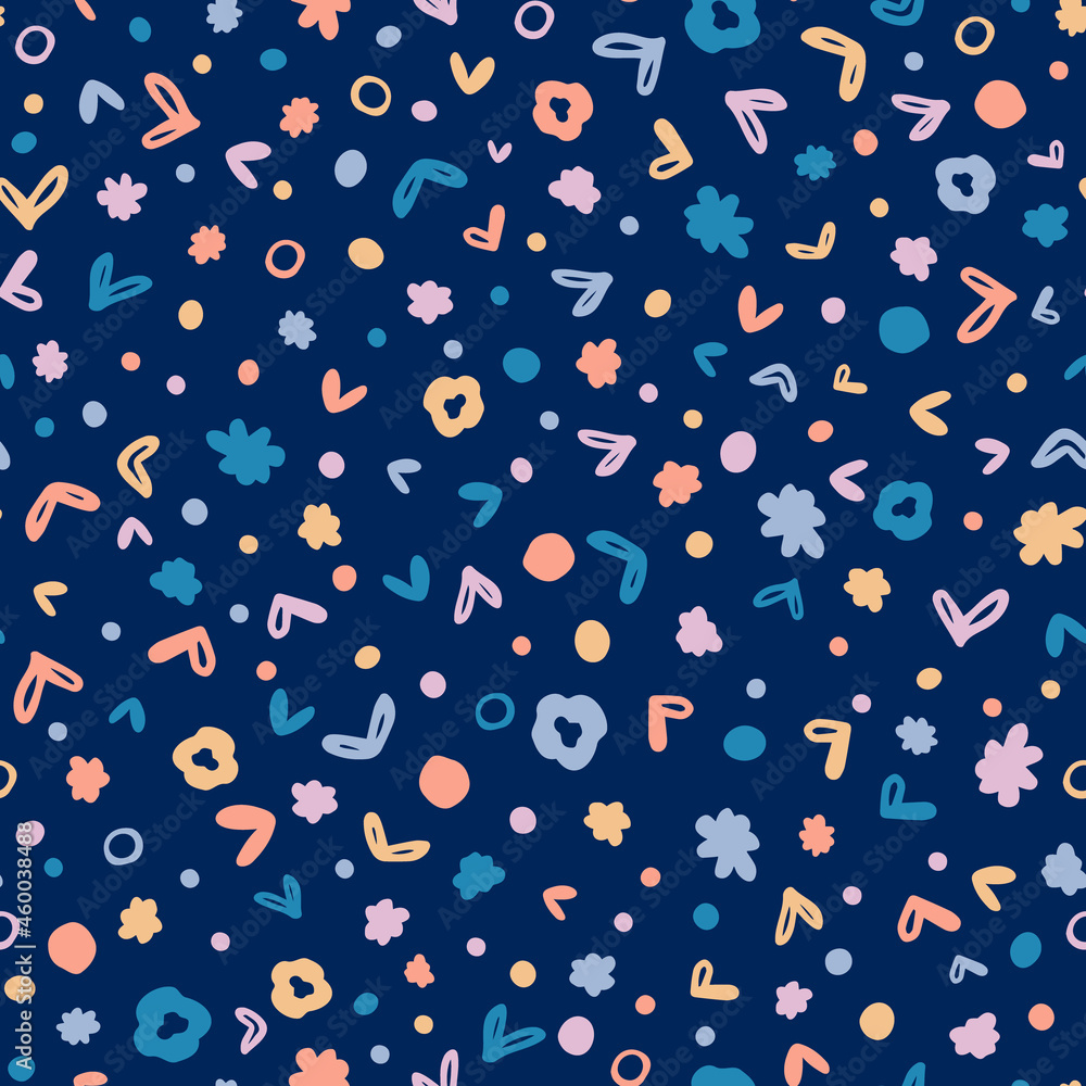 Cute, multicolored shapes seamless repeat pattern. Random placed, vector doodled elements like circles, hearts, dots and flowers minimal all over print on blue background. Cute, multicolored shapes seamless repeat pattern. Random placed, vector doodled elements like circles, hearts, dots and flowers minimal all over print on blue background.
