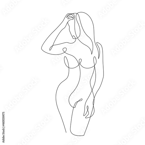 Minimalistic Female Figure One Line Drawing. Linear Woman Body. Female Naked Body Modern Abstract Line Art Drawing. Vector Illustration.
