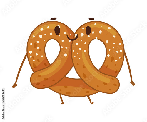 Bakery food cartoon character. Cute pretzel with funny smiling face vector illustration