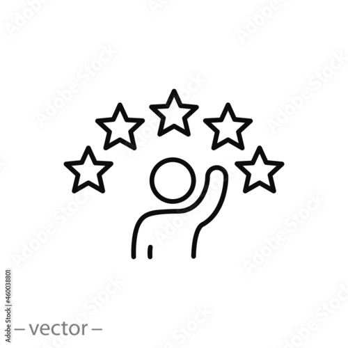 customer satisfaction 5 star icon, loyalty employee, review quality rate, high grade, client recommend or feedback, thin line symbol - editable stroke vector illustration
