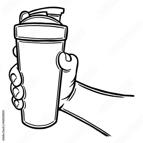 A man holds a protein shaker in his hand. Outline silhouette. Design element. Vector illustration isolated on white background. Template for books, stickers, posters, cards, clothes.