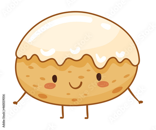 Bakery food cartoon character. Cute glazed bun with funny smiling face vector illustration