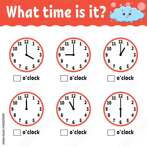 Learning time on the clock. Educational activity worksheet for kids and toddlers. Game for children. Simple flat isolated color vector illustration in cute cartoon style.