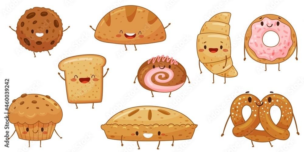 Bakery food cartoon characters set. Cute tasty pastries with funny smiling  faces vector illustration Stock Vector | Adobe Stock