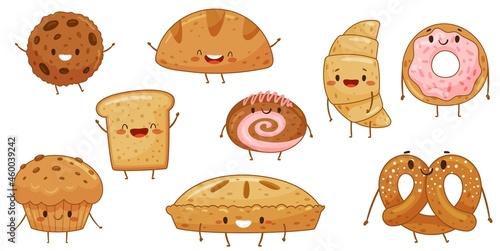 Bakery food cartoon characters set. Cute tasty pastries with funny smiling faces vector illustration