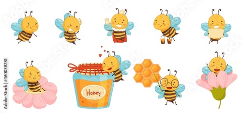 Cute funny honey bees set. Beekeeping and apiculture cartoon vector illustration