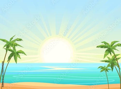 Sea beach. Summer seascape. Far away is the ocean horizon. Morning sun rise. Calm weather. Flat style illustration. Vector.