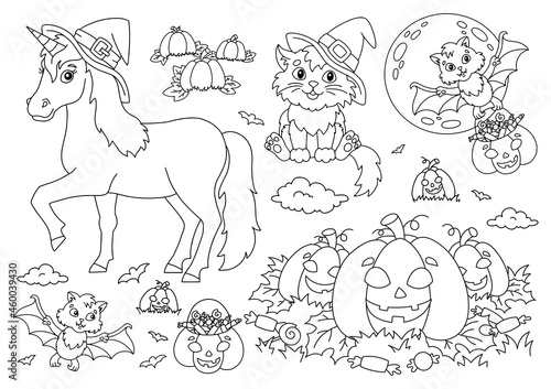 Unicorn in a hat, cat, bat, pumpkin. Halloween theme. Coloring book page for kids. Cartoon style. Vector illustration isolated on white background.