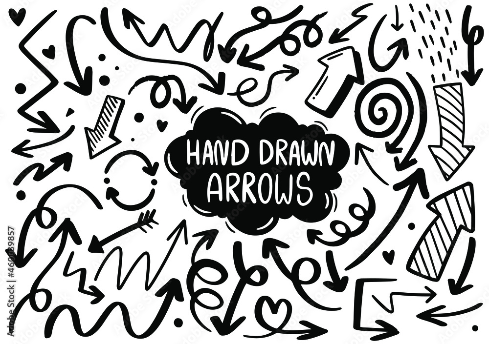 hand drawn doodle design elements. Hand drawn arrows, frames, borders, icons and symbols. Cartoon style infographics elements. white background.