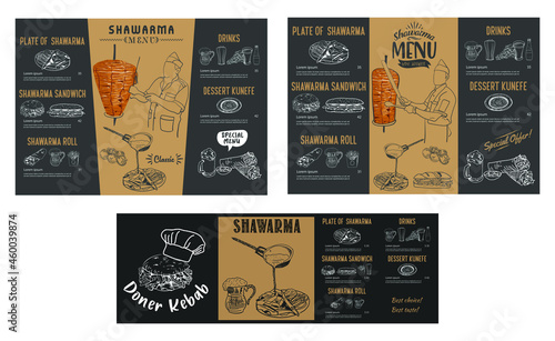 Shawarma cooking and ingredients for kebab. Doner kebab hand drawn. Fast food menu design elements. Restaurant cafe menu, template design. Food flyer. Vector.