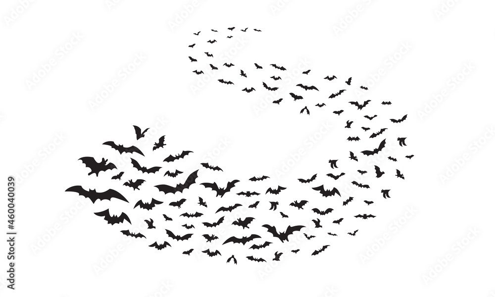 Flying bat group isolated on white background. Flock of bats