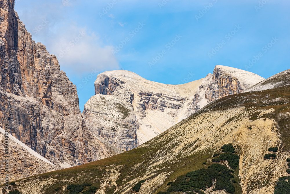 Sesto Dolomites. Mountain peak of Croda dei Baranci or Birkenkofel and the Cima Piatta Alta (high flat top), natural park of Tre Cime di Lavaredo or Drei Zinnen. Trentino-Alto Adige, Italy, Europe.