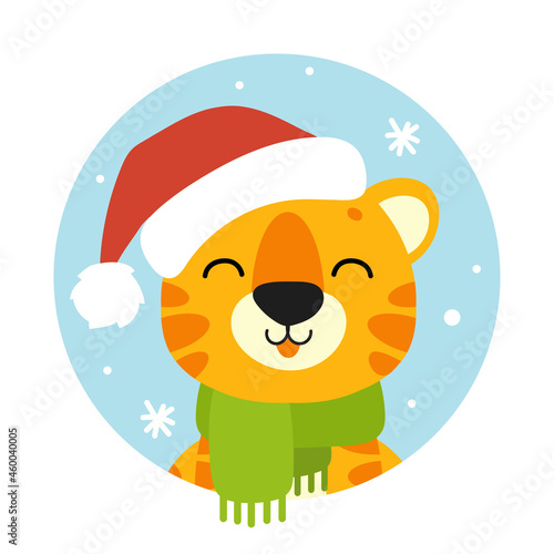 Tiger simbol in a santa hat. Cartoon character. Colorful vector illustration. Isolated on color background. Design element. Template for your design, books, stickers, cards. photo