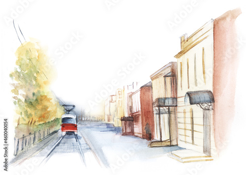A red tram runs down the street in an old low-rise European city. Autumn yellow trees. Hand drawn watercolor illustration. Integrated into a white background