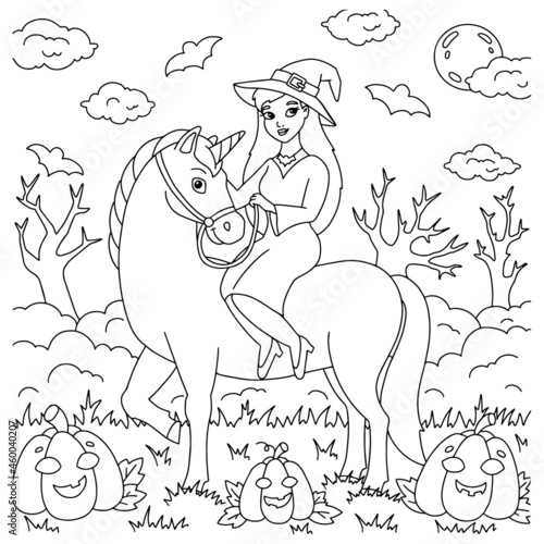 The witch rides a unicorn. Coloring book page for kids. Cartoon style character. Vector illustration isolated on white background. Halloween theme.