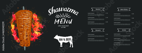 Shawarma cooking and ingredients for kebab. Doner kebab hand drawn. Fast food menu design elements. Restaurant cafe menu, template design. Food flyer. Vector.