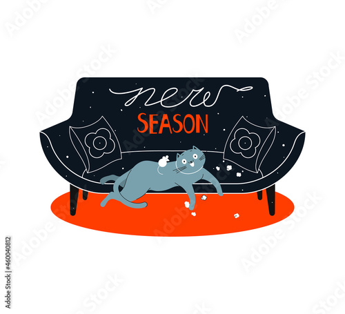 A domestic cat is lying on a sofa watching a TV series and eating popcorn. Funny doodle with animals, cozy interior retro style, illustration with text "new season". Announcement episode release date.