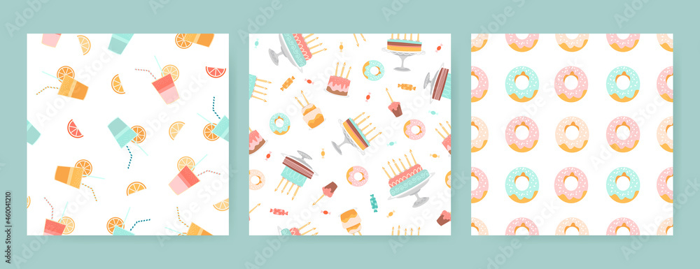 Set of seamless birthday patterns with cakes, donuts, sweets and drinks on a white background. Set of seamless birthday patterns with cakes, donuts, sweets and drinks on a white background.